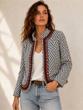 Bazar Deluxe Embellished Geometric Jacquard Jacket Beaded Cotton Made‎ in Italy